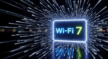 Captivating wifi7 technology shows digital data and network speed, wifi7 for modern connection. Modern wifi7 technology, including advanced wireless communication and global internet access,