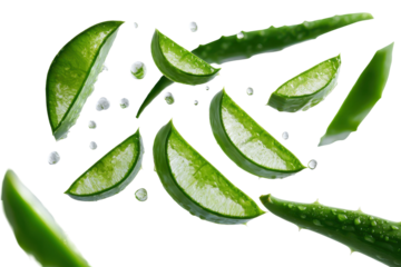 Fresh aloe vera slices isolated on transparent background. Freshly cut aloe vera slices displayed in a row against water splash isolated on white background.