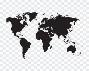 Black Silhouette World Map on Transparent Background
