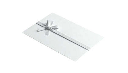 White rectangular gift card with a satin ribbon bow, placed on a black background