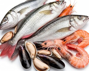 Seafood. Fresh fish with shrimps, crayfish and oysters on a stone board.