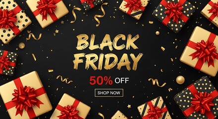 Black friday sale banner with gift boxes and confetti on dark background