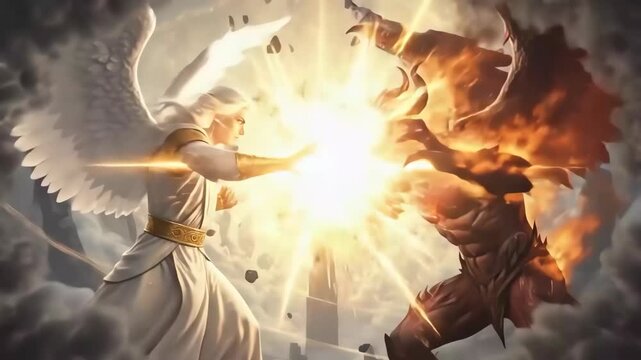 Angelic and demonic figures facing each other