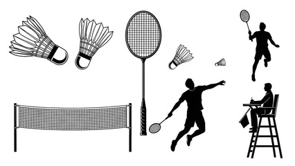 Dynamic Badminton Set Illustration Rackets, Shuttlecocks, Net, and Players in Action
