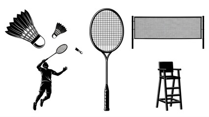 Dynamic set of badminton sport elements showcasing an athlete in action, racket, shuttlecocks, net, and an umpire's chair, all rendered in crisp vector illustrations