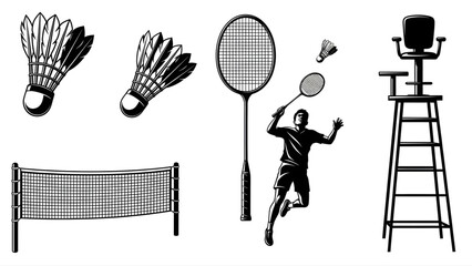 Badminton Essentials Icons of Shuttlecocks, Rackets, Player, Net, and Umpire Chair for Sport Concepts