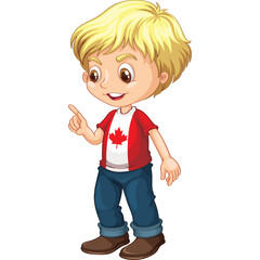 Young Boy With Blond Hair And Blue Jeans Wearing A Canadian Flag T Shirt Standing With Finger Pointing Upwards With A White Background