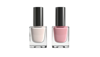 Two nail polish bottles side by side, one light, one pink, on black background