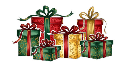 Christmas Gifts Illustration Holiday Presents with Ribbons, Watercolor Style