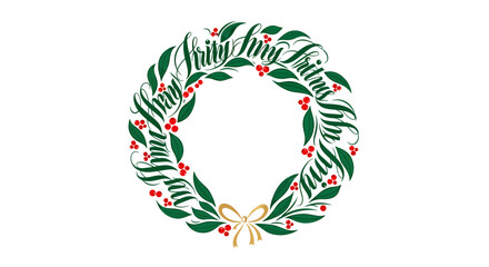 Christmas Wreath Illustration, Holiday Decoration, Green Leaves, Red Berries, Gold Bow
