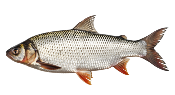 a silver scaled fish on transparent background