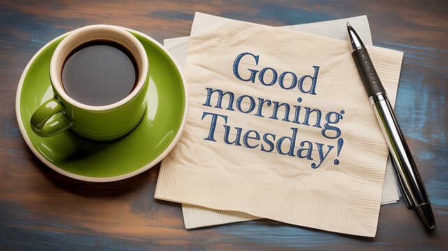 Good Morning Tuesday Coffee and Pen on a Textured Wood Table