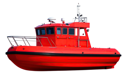 Red vessel with radar & antennas, side railing, windows & black hull, on a black bg