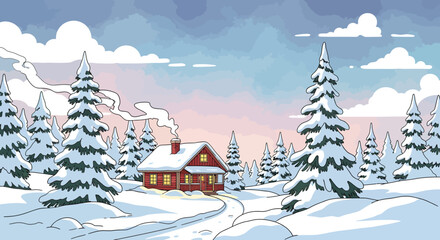 Fototapeta premium Winter Cabin in Snowy Forest Landscape, Illustration