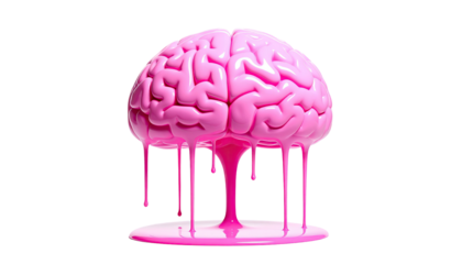 Pink, glossy brain with liquid substance dripping down against a black backdrop