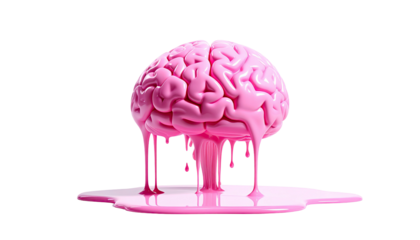 A pink brain is melting into a puddle against a black background