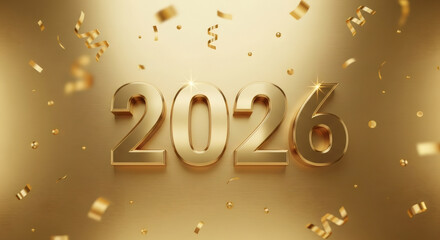 Golden numbers representing the year 2026, surrounded by festive confetti and streamers on a vibrant gold background, symbolizing celebration and new beginnings
