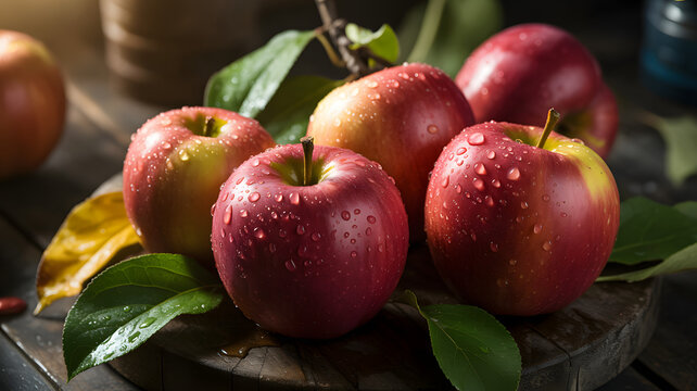 A close up view of several red apples with water droplets on a wooden surface with green leaves