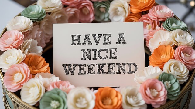 Have a nice weekend message surrounded by a vibrant floral arrangement