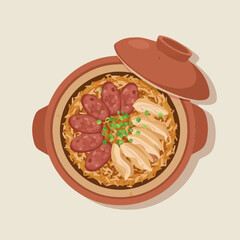 Claypot Rice (煲仔飯)
A flat vector bowl of claypot rice with Chinese sausage, chicken, and green onion. 