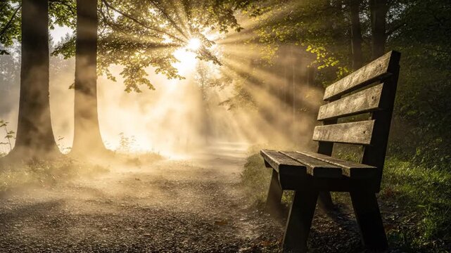 Serene Morning: Sun Rays Through Trees and Fog Illuminating a Park Bench