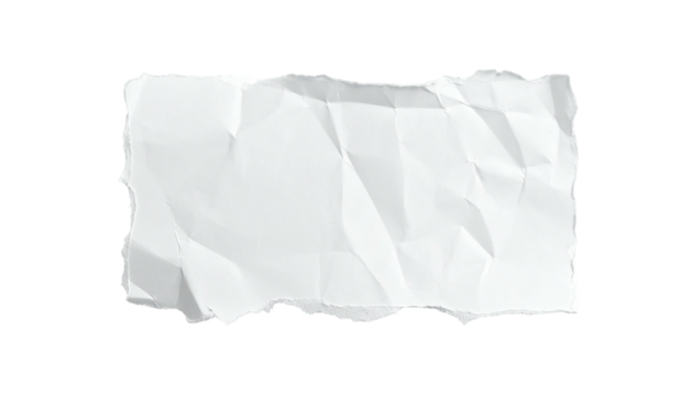 A rectangular piece of white paper with torn edges, crinkled on a black background