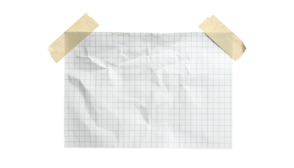 A crumpled, grid-lined paper sheet affixed to a surface by two adhesive strips