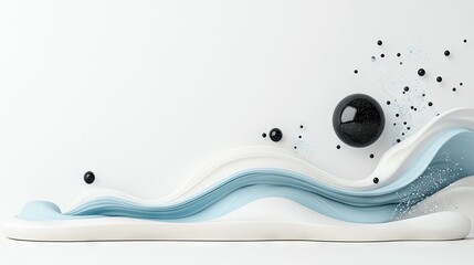 Abstract composition featuring flowing white and blue waves, scattered black spheres, and small particles against a clean white background with soft, diffused l