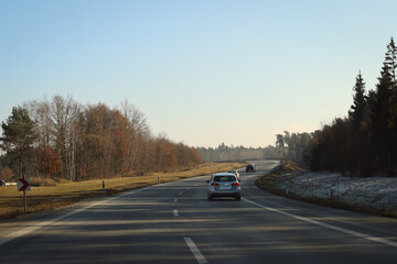 Cars on the highway, traffic jam on the highway, roadworks on the highway