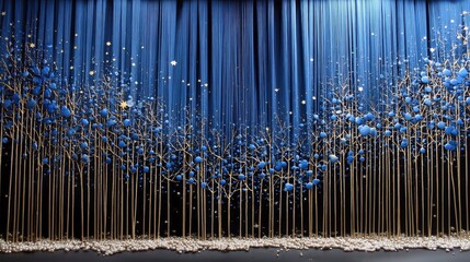 An abstract artistic representation of a forest with thin gold branches adorned with blue orbs and small white stars, set against a backdrop of vertical blue fa