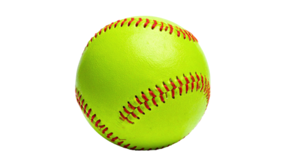 Bright yellow softball with red stitching isolated on a black background