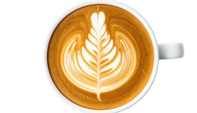 Overhead shot of latte art with a leafy design in a white cup