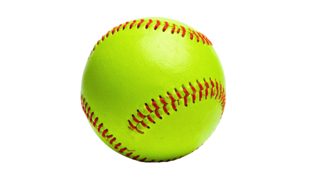 Bright yellow softball with red stitching isolated on a black background
