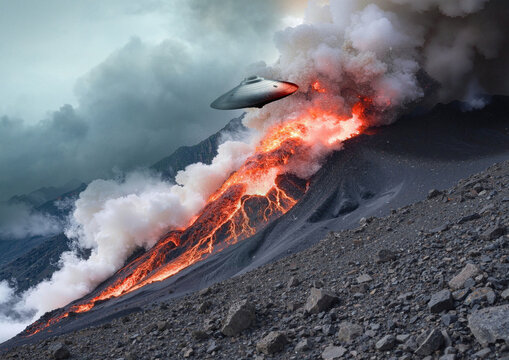 UAP flying over volcano, illustration