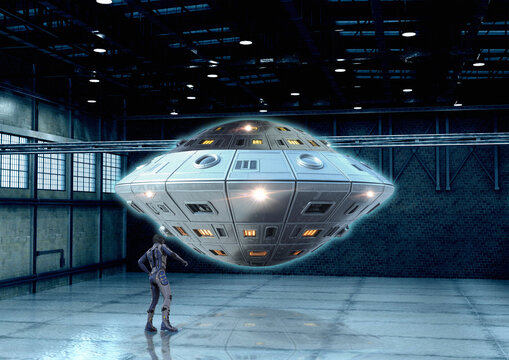UAP and pilot in hangar, illustration