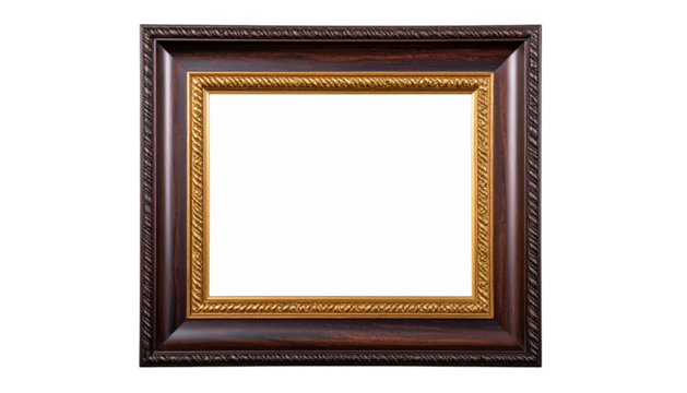 Ornate dark wooden picture frame with a gold inner border, empty white space