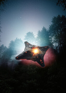 UAP flying over forest, illustration