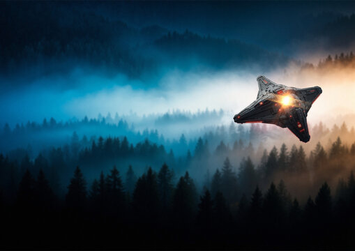 UAP flying over forest, illustration