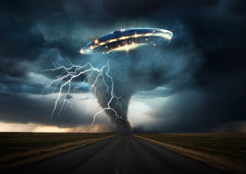 UAP flying during storm, illustration
