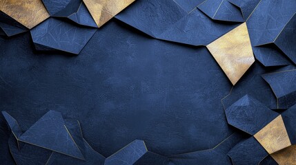 An abstract background featuring a textured, dark blue surface with intersecting geometric shapes in dark blue and gold. The lighting is dramatic, highlighting