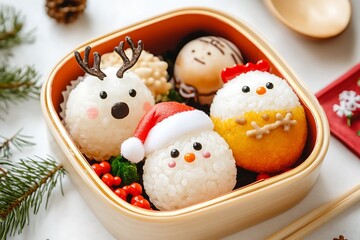Obraz premium A cheerful bento featuring rice balls crafted into Santa shapes with seasonal accents.