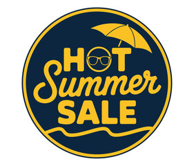 A circular graphic design announces a 'Hot Summer Sale' with an umbrella and sunglasses, symbolizing the season and good deals.