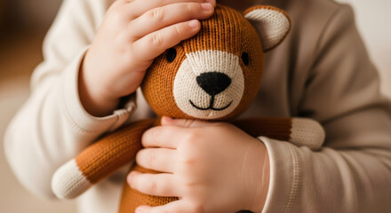 Childs hands holding a knitted teddy bear, a soft and comforting toy. Playtime and childhood memories concept. For a kids gift.