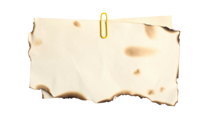 Torn paper, singed edges, held by a yellow paperclip, on a black background