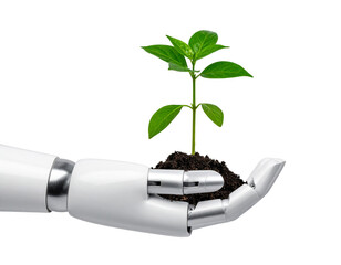 Robot hand holding a young plant against isolated free png background. Sustainable development in the field of agriculture and artificial intelligence 