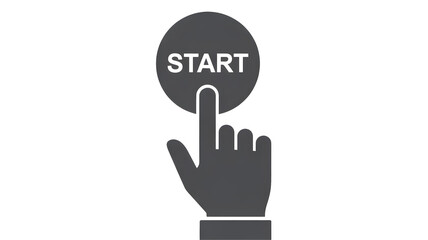 Obraz premium A gray hand pressing a circular start button on a black background with the word start on the button
