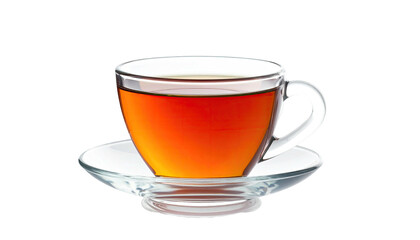 A transparent teacup filled with dark tea, sitting on a matching saucer