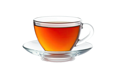A transparent teacup filled with dark tea, sitting on a matching saucer