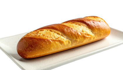 Golden baguette on a white rectangular plate, isolated on a black background