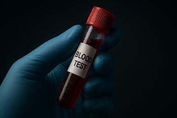 A gloved hand holding a blood-filled test tube with a labeled cap, captured in dramatic lighting that highlights the glass surface, liquid texture, and clinical atmosphere of laboratory testing.